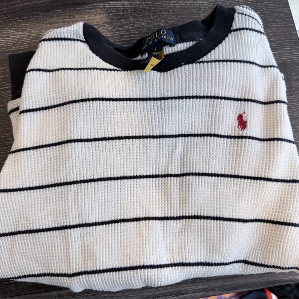 Polo by Ralph Lauren White Knit Tee with Black Stripes and Red Pony